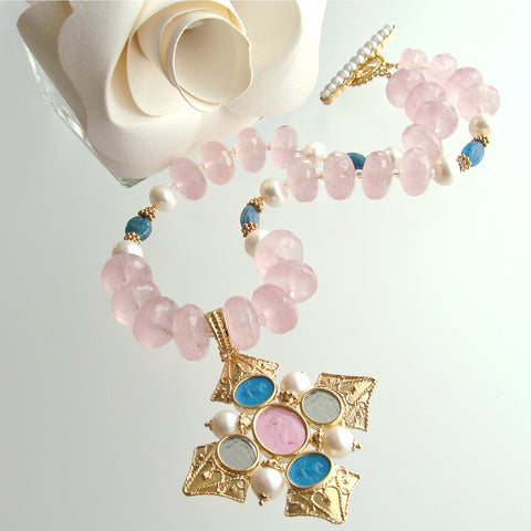 Maltese-Style Intaglio Removable Pendant, Rose Quartz, Apatite and Pearls Choker Necklace - Catania Necklace