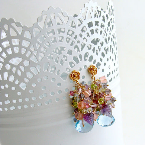 Blue/Pink Topaz, Amethyst, Lemon/Cherry Quartz, Peridot, Iolite Cluster Earrings - Fleur IV Earrings