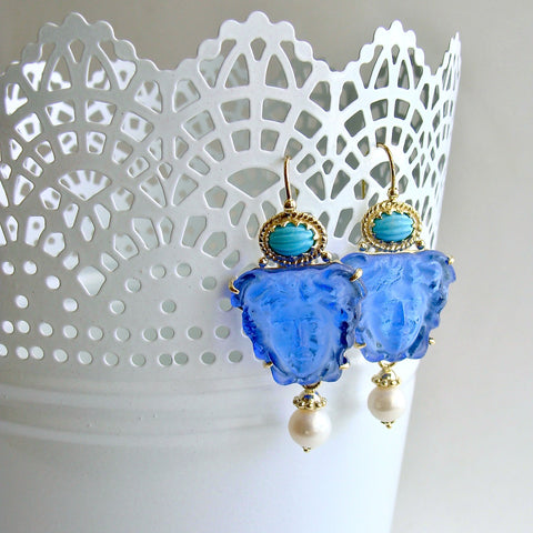 Venetian Glass Intaglio/Cameo Sleeping Beauty Turquoise Earrings - Medusa Blue Earrings