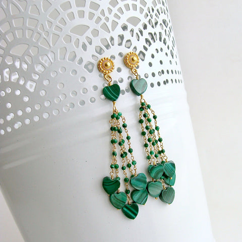 Malachite Hearts Duster Tassel Earrings -  Monique II Duster Earrings