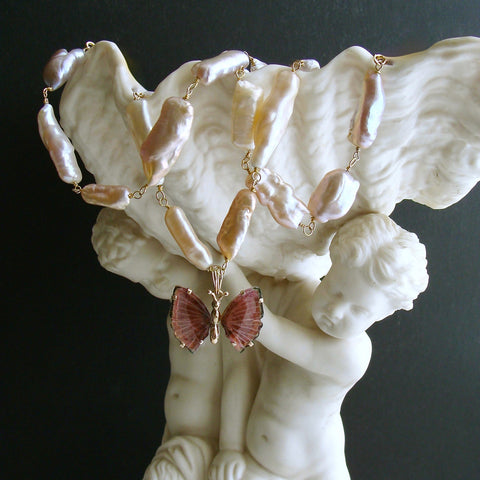 #4 Le Papillon Pearls Necklace - Pink Biwa Pearls 18k Gold Pink Tourmaline Butterfly Necklace