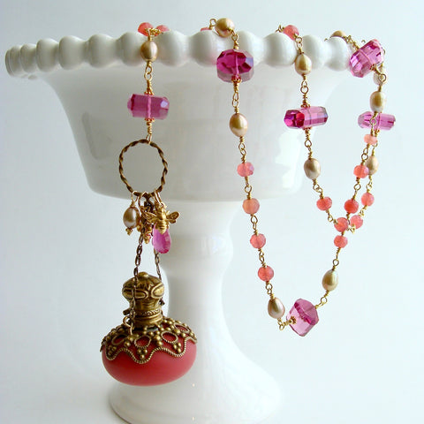 #4 Toinette Necklace - Salmon Chalcedony Pink Quartz Salmon Opaline Scent Bottle Necklace