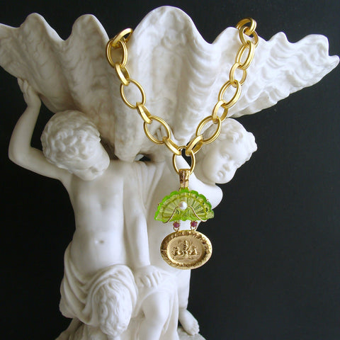 #3 Irvina Necklace - Cast Intaglio Peridot Green Venetian Glass Shell