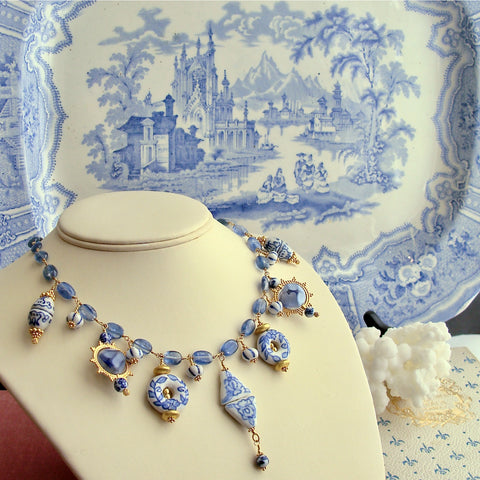 Kyanite Blue White Porcelain Bead Charm Necklace - Bluebelle II Necklace