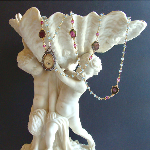 Lover's Eye Victorian Silver Paste Locket Blue Topaz & Watermelon Tourmaline Necklace - Isabella II Necklace