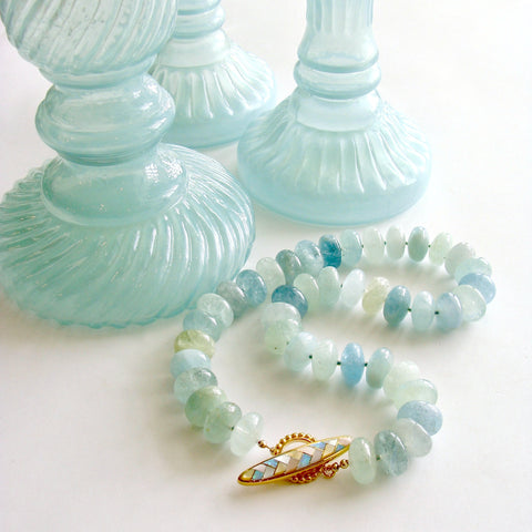 Aquamarine Rondelles Inlay Opal MOP Toggle Choker Necklace - Brynn V Necklace