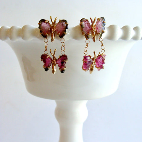 Watermelon Tourmaline Double Butterfly Earrings - Le Papillon Earrings