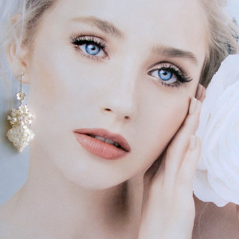 Carved Mother of Pearl Freshwater Pearls Rock Crystal Cluster Earrings - Sabrina Earrings