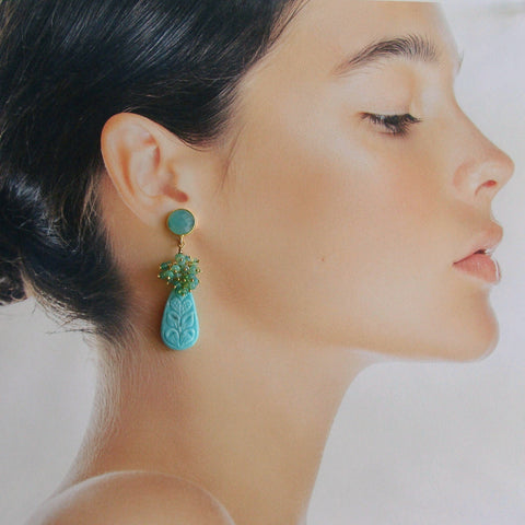 Carved Turquoise Aqua Blue Opal Cluster Earrings - Trisha Earrings