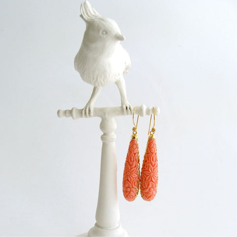 #1 Marci Earrings - Carved Coral Teardrops