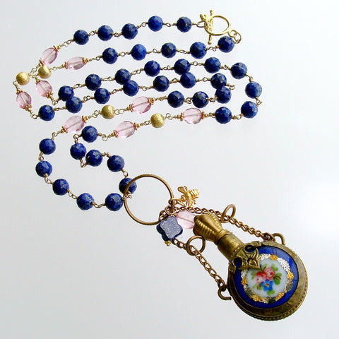 #1 Lillian Necklace - Lapis Pink Quartz Porcelain Chatelaine Scent Bottle