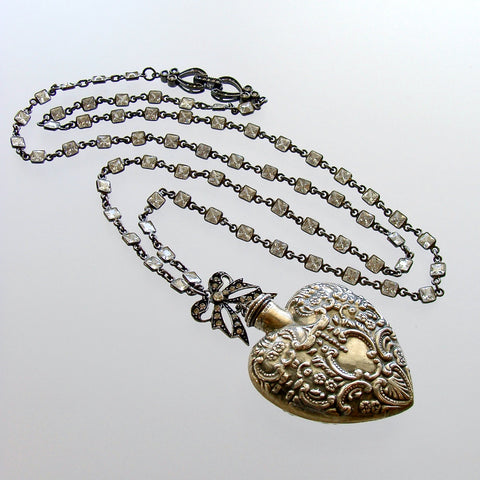 #1 Cressida Necklace - Repousse Sterling Heart Chatelaine Scent Bottle CZ Chain