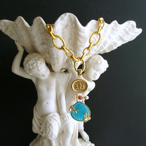#3 Meribella Necklace - Cast Intaglio Teal Venetian Glass Shell