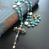 #3 Cameron Cross Necklace - Hand Wrapped Cross Sleeping Beauty Turquoise Pink Topaz Coin Pearls