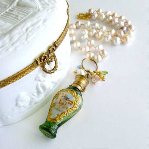 #1A Claudette Necklace - Cherub Scent Bottle Pink Pearls Necklace