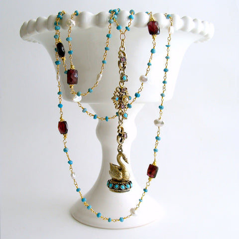 #2 Étaín Necklace - Turquoise Garnet Keshi Pearls Austro Hungarian Swan Fob
