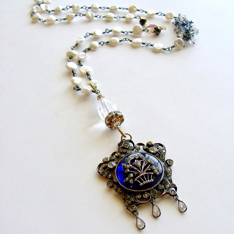 #2 Ayla Necklace - Georgian Silver Paste Enamel Pendant Keishi Pearls Kyanite & Rock Crystal