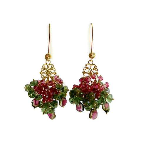 #1A Caprice Earrings - Rubellite Green Apatite Watermelon Tourmaline Cluster Earrings
