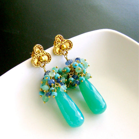 #2 Morgaine Cluster Earrings - Chrysoprase Sleeping Beauty Turquoise Kyanite