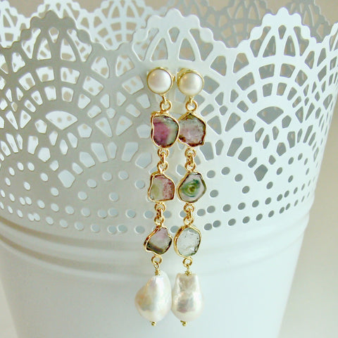 Watermelon Tourmaline Slices Flameball Pearl Post Duster Earrings - Anastasia Earrings II