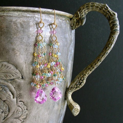 #5 Delphine Tassel Earrings - Pink Topaz Emerald Blue Topaz Yellow Zircon