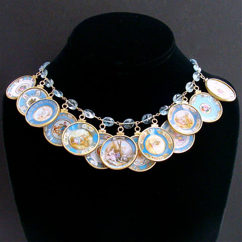 #1 China Doll Aqua Blue Necklace - Blue Topaz Minature Porcelain Plates