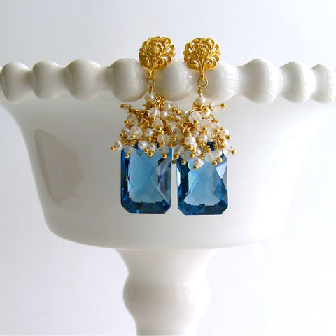 #1 Dione IV Earrings - London Blue Topaz Seed Pearl Moonstone Cluster Earrings