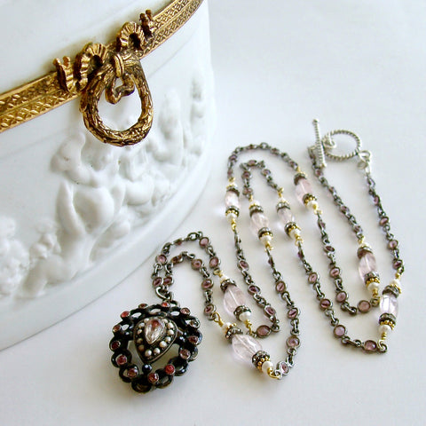 #7 Micheline Necklace - Pink Tourmaline Rose Quartz Georgian Paste Enamel Heart Locket