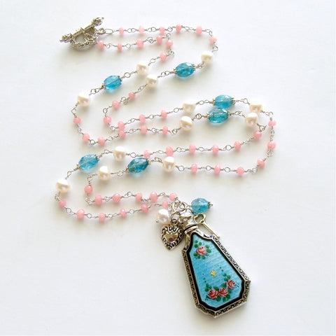#1 Adaline Necklace - Pink Agate Apatite Pearls Guilloche Scent Bottle