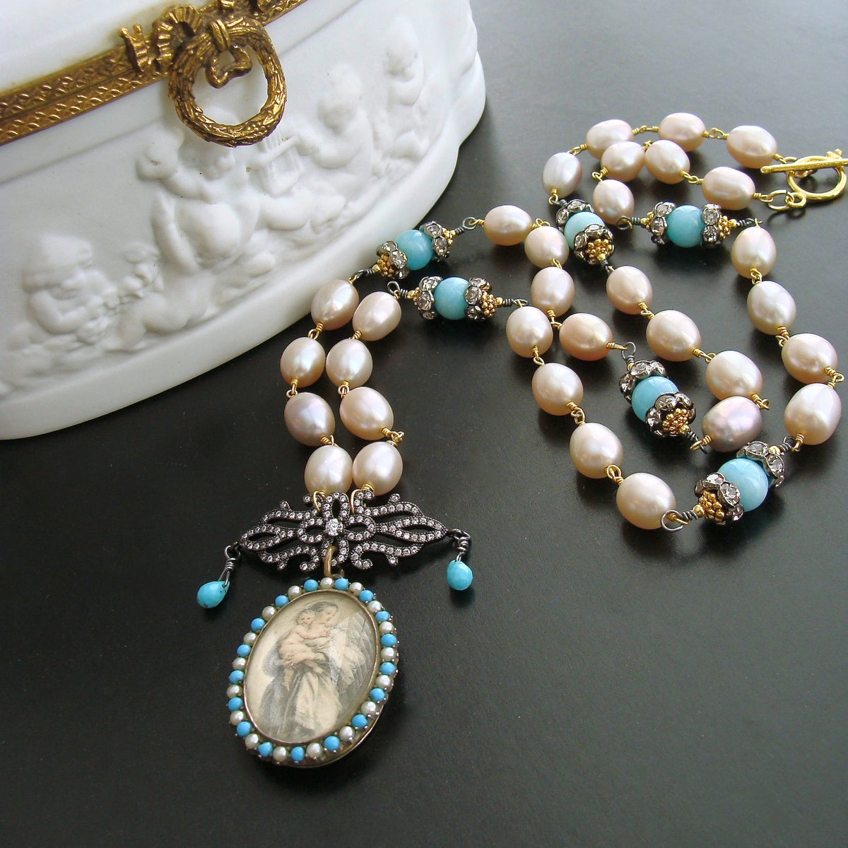 Turquoise Amazonite Pearls Madonna And Child Victorian Mourning Locket –  Karen Sugarman Designs