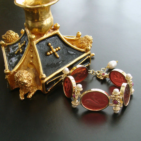 #5 Acireale Intaglio Bracelet - Salmon Intaglios Rubies Pearls