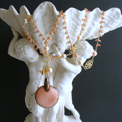 #2 Aline Necklace - Coral Filigree Guilloche Chatelaine Scent Bottle