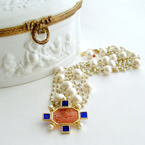 #2 Tellaro Intaglio Cameo Necklace - Freshwater Pearl Torsade