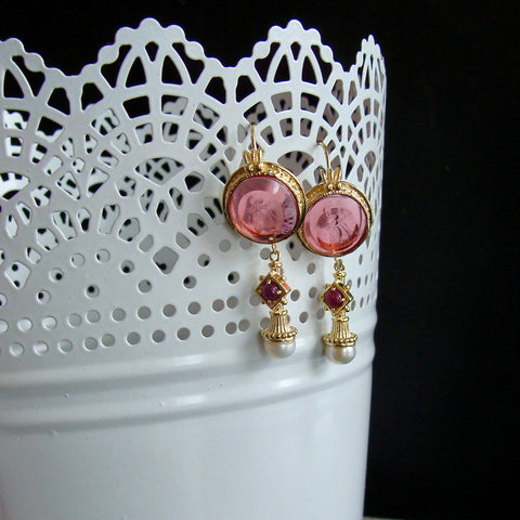 12 Days of Christmas - Venetian Glass Honeybee Intaglios, Rubies & Cultured Pearl Earrings - Le Api Earrings