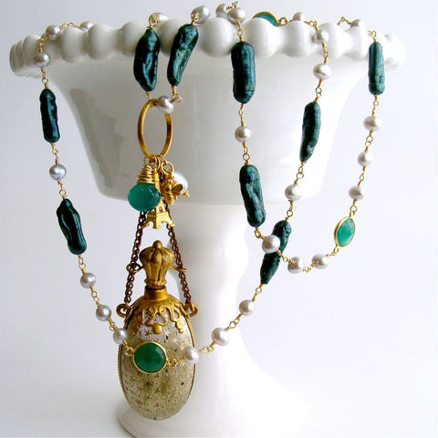 #2 Maurelle Necklace - Freshwater Pearls Green Onyx  Victorian Stars Scent Bottle