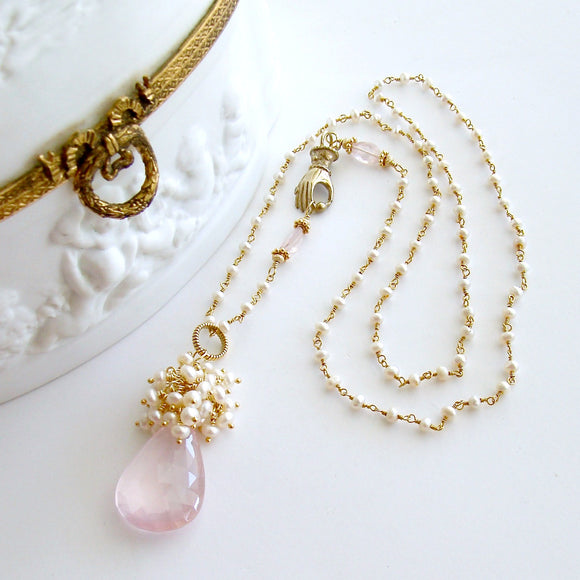 #2 Petales de Rose III Necklace - Rose Quartz Seed Pearls Victorian Hand Clasp