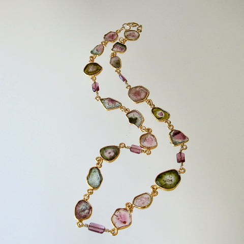 Watermelon Tourmaline Slices & Rhodolite Garnet Necklace - Anastasia Necklace