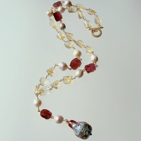 Antique Enameled Balloon Vinaigrette - Citrine Nuggets, Baroque Freshwater Pearls & Garnet Slices Necklace - Brezza Dolce V Necklace