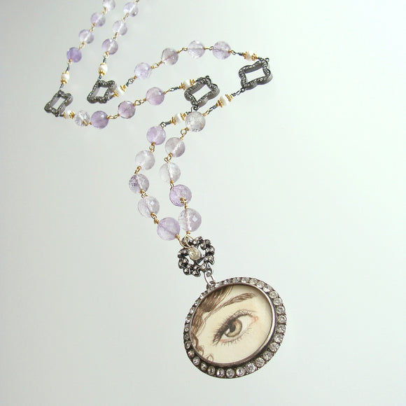 Lover’s Eye Pink Amethyst Button Pearls Silver Paste Quatrefoils Necklace - Delphina Necklace