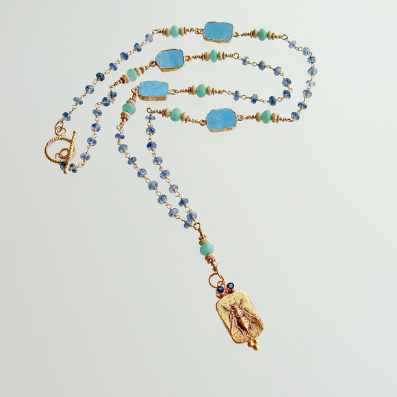 Queen Bee Intaglio Vermeil Pendant Blue Sapphires Turquoise Slices, Kyanite Chain & Chrysoprase - Morgaine Queen Bee Necklace