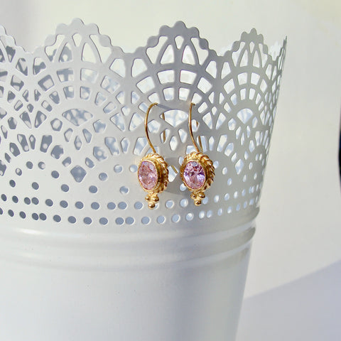 Pink Oval Quartz Wire Latched Bridesmaid Earrings - Peony Earrings