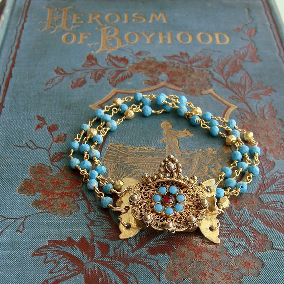 Triple Strand Turquoise Pyrite Bracelet Georgian Turquoise Garnet Clasp - Seona Bracelet