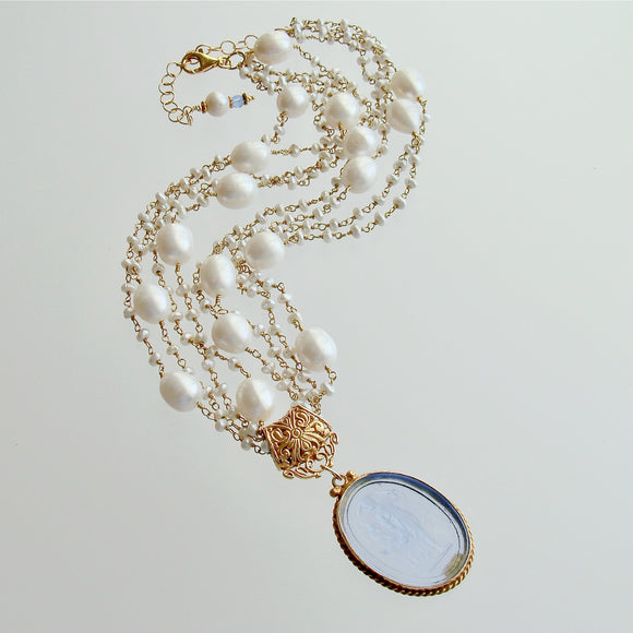 Freshwater Pearls Cornflower Blue Venetian Glass Intaglio Cameo Necklace - Taormina III Necklace