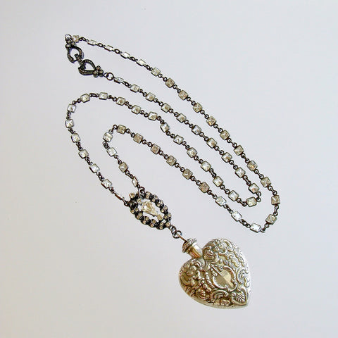Sterling Silver Repousse Chatelaine Heart Scent Bottle Necklace - Cressida II Necklace
