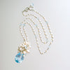 Fancy Cut Blue Topaz Seed Pearl Cluster Pendant Necklace - Diana Necklace
