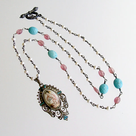 Sleeping Beauty Turquoise Pink Sapphire Pearl Rubies Georgian Porcelain Mourning Locket Necklace - Emiline Necklace