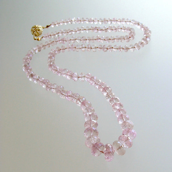 Graduated Pink Morganite Silk Knotted Opera Necklace With 14k Gold Diamond Clasp - Peony Necklace