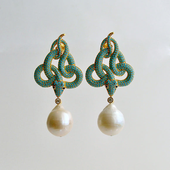 Turquoise Crystal Baroque Pearl Snake Earrings - Lindie Earrings