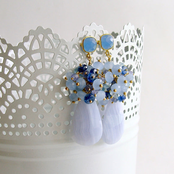 Blue Lace Agate Tanzanite Topaz Kyanite Earrings - Ophelia Cluster Earrings