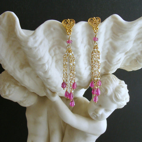 Pink Sapphire Micro Seed Pearls Filigree Heart Post Earrings - Valentina Duster Earrings II